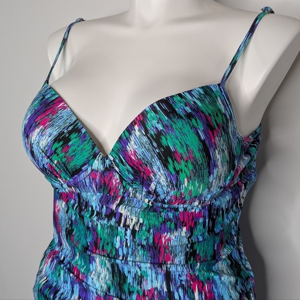 Assets By Spanx Blue Green Purple V Neck Bikini Tankini Swim Top XL - Picture 2 of 9